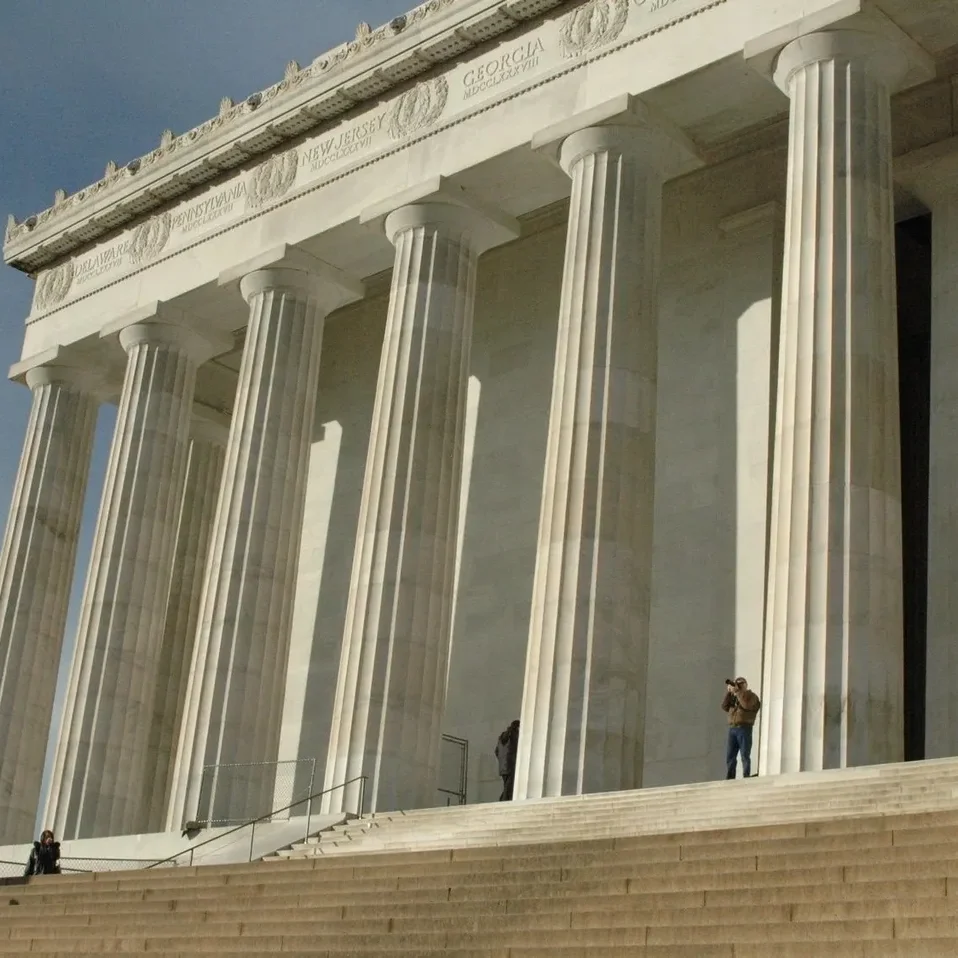 Lincoln Memorial with columns and stairs.